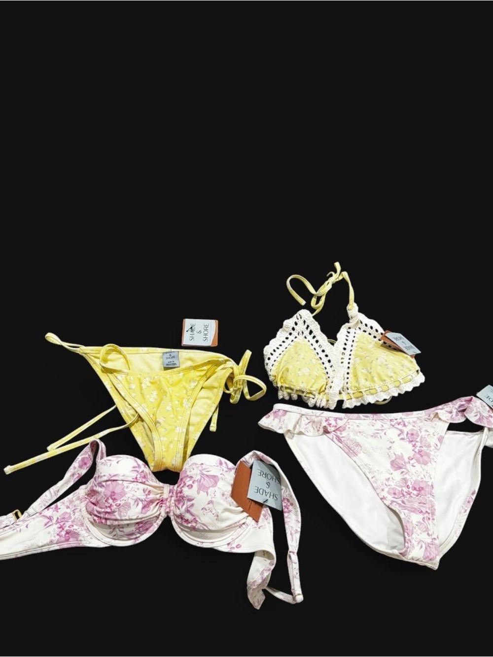 Shade & Shore Yellow Crochet Triangle Bikini Top and Pink Floral Underwire Set